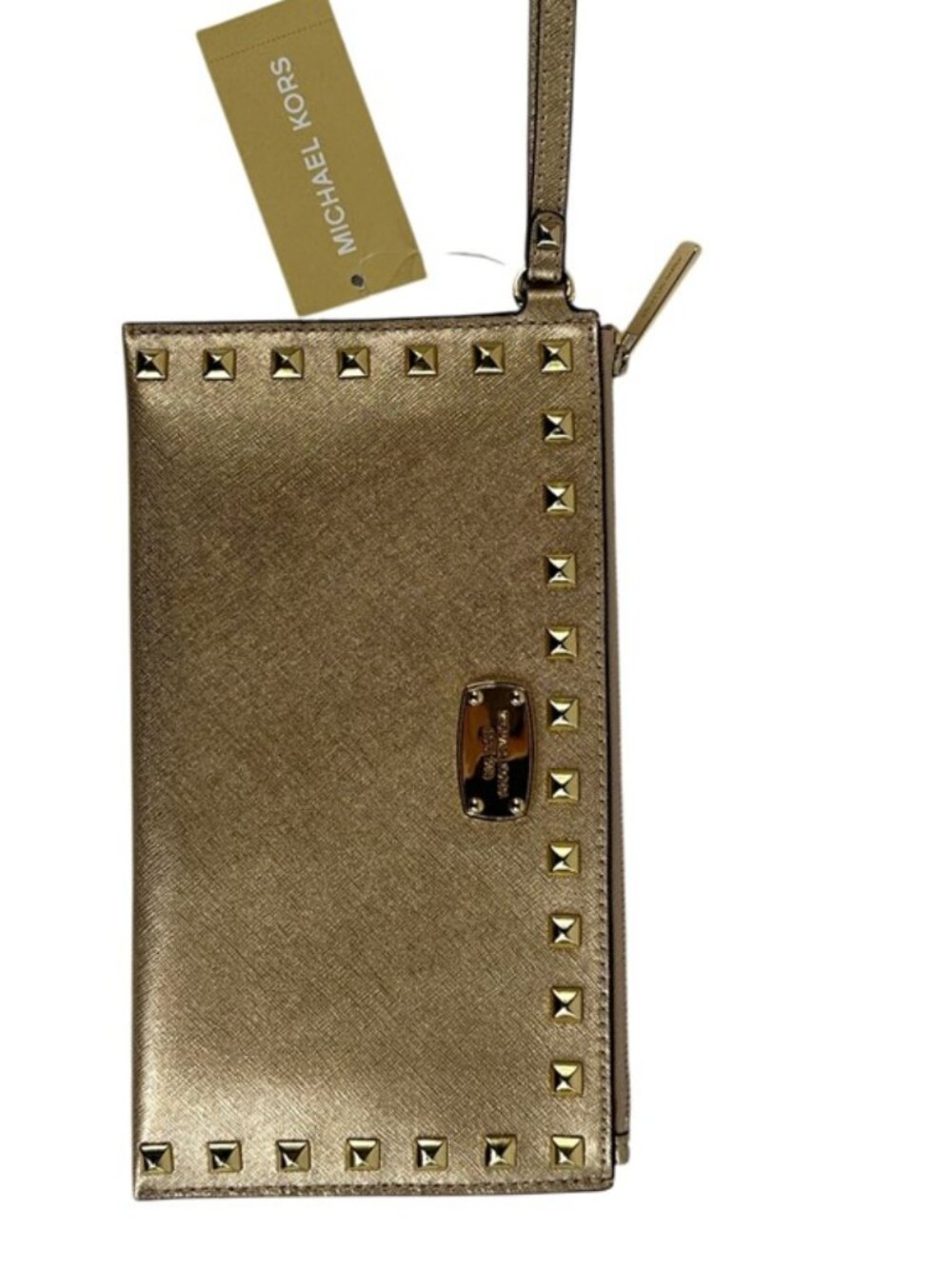 Michael Michael Kors Saffiano Leather Pale Gold Studded Zip Clutch NWT
